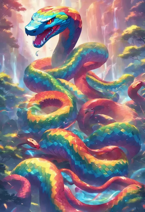 (((Rainbow Snake))) best quality, very high resolution, 4K detailed CG, master piece,Valleys,Mountains, Forest,aesthetics, ((Rainbow Serpent)), Beautiful image, centered on the screen