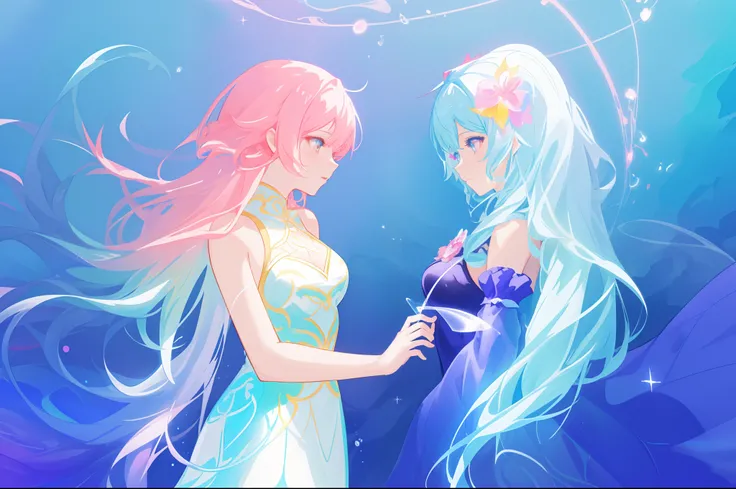 beautiful anime girl in colorful dress made of water, vibrant pastel colors, (colorful), magical liquid lights, colorful long hair made of liquid light, sparkling lines of light, inspired by Glen Keane, inspired by Lois van Baarle, disney art style, by Loi...