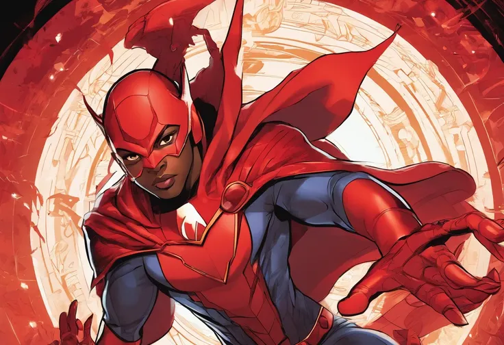 African-American teen boy using red powers in superhero suit similar to the scarlet witch