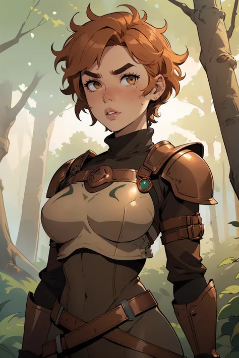 Solo, female, (((short hair, messy hair, stubby eyebrows))), (copper armor), tan tunic, tan skin, ginger hair, ginger eyes, wide eyes, nervous, scared, thick lips, lipstick, forest, bug breasts, turtleneck, (copper chestpiece, copper shoulderpads)