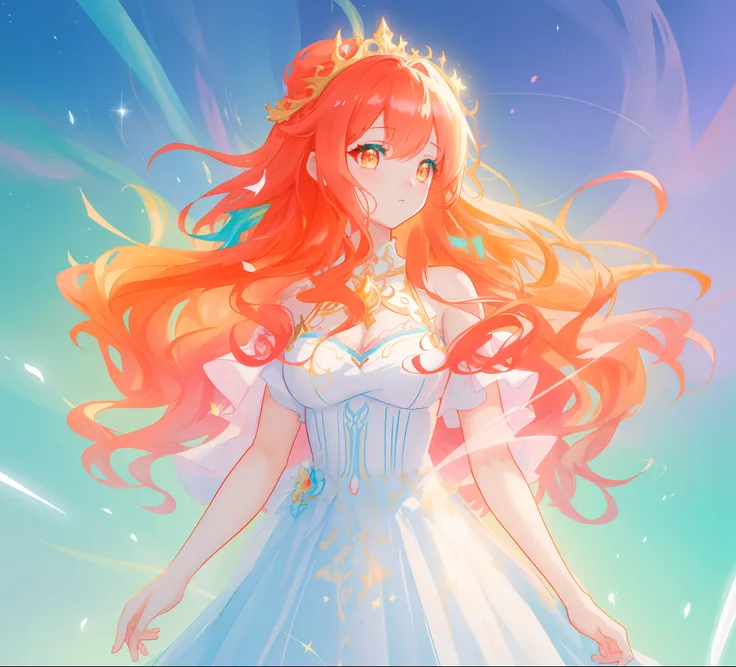 beautiful anime girl in white princess ballgown, vibrant pastel colors, (colorful), magical lights, red and gold long wavy curly hair, sparkling lines of light, inspired by Glen Keane, inspired by Lois van Baarle, disney art style, by Lois van Baarle, glow...