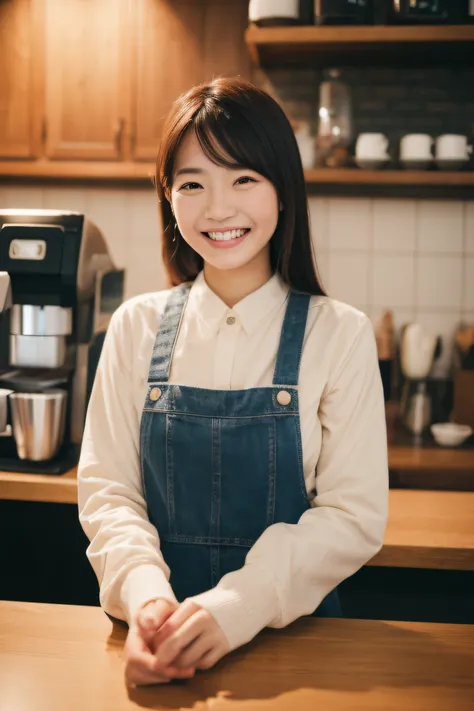 One Asian woman smiles looking at camera in coffee shop