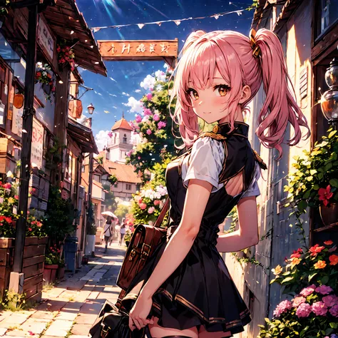 1 beautiful girl, Solo,(Cute:1.5),(Chibi:0.8), (kawaii:1.5),(Lori:0.5), BREAK, (girl, Cute, Cheerful, Loli face, medium breasts:1.2),(Pink hair,disheveled short twin tails,tareme,Gold eyes:1.2),gleaming skin, BREAK,Clear skin, Shining Beautiful Skin Blake,...