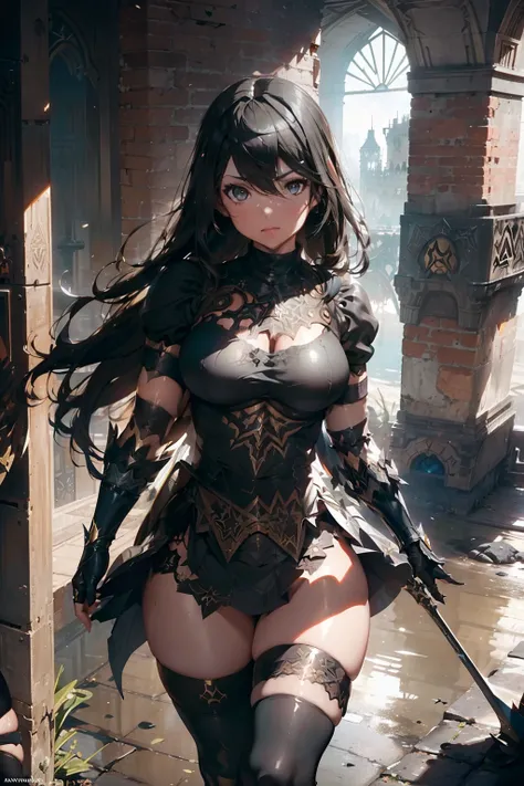 A beauty girl Style by Raymond Swanland, Wonder Woman  in ornate black & golden armor & black cape (((in aesthetic Nier Automata))), (((seen from face to thighs view)))