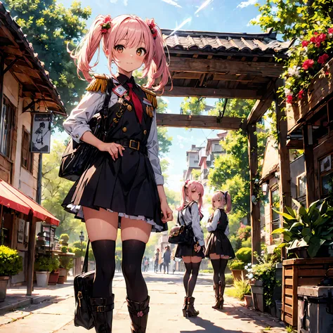 1 beautiful girl, Solo,(Cute:1.5),(Chibi:0.8), (kawaii:1.5),(Lori:0.5), BREAK, (girl, Cute, Cheerful, Loli face, medium breasts:1.2),(Pink hair,disheveled short twin tails,tareme,Gold eyes:1.2),gleaming skin, BREAK,Clear skin, Shining Beautiful Skin Blake,...