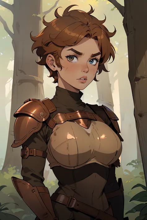 Solo, female, (((short hair, messy hair, stubby eyebrows))), (copper armor), tan tunic, tan skin, ginger hair, ginger eyes, wide eyes, nervous, scared, thick lips, lipstick, forest, big breasts, turtleneck, (copper chestpiece, copper shoulderpads)