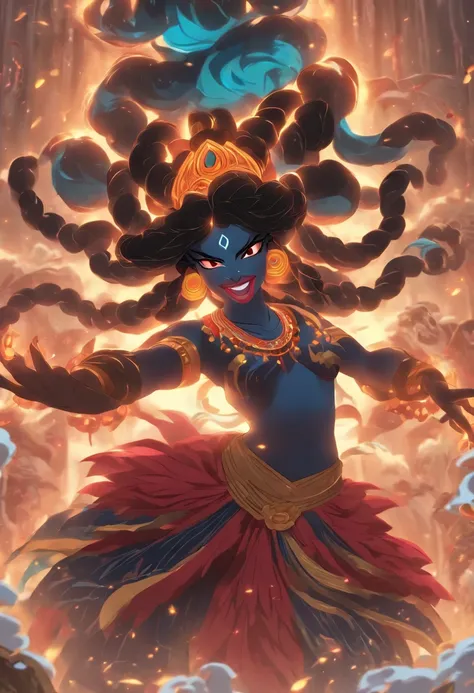 (((KALI))) best quality, ultra-high resolution, 4K detailed CG, master piece, KALI, Hindu goddess,Dancing, Hindu mythology, Hindu image,((full body), aesthetic, centered on screen,full body