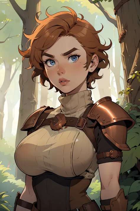 Solo, female, (((short hair, messy hair, stubby eyebrows))), copper armor, tan tunic, tan skin, ginger hair, ginger eyes, wide eyes, nervous, scared, thick lips, lipstick, forest, big breasts, turtleneck, copper chestpiece, copper shoulderpads, pale blue e...