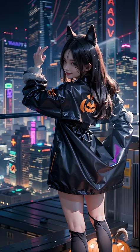 facing back, tail, Halloween, natta, Wolf Costume, Cityscape with neon signs, Smiling smile, (NSFW), 1womanl, 独奏, 24 year old, 7headed body, (Ideal ratio body proportions), (Composition from head to thigh), erectile nipple, Sexy body, Wet, short-hair, Dark...