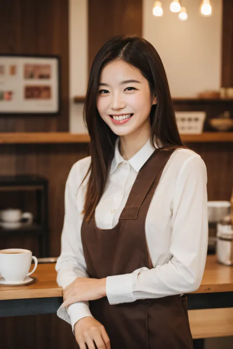 Asian woman looking at camera in coffee shop and smiling