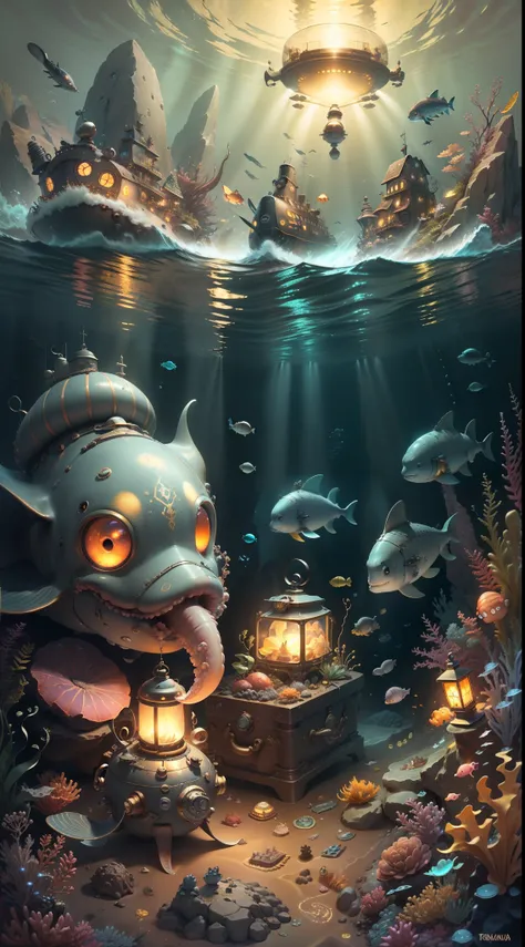 ((Large submarines))、(Searchlights illuminating the seabed)、Dark、Deep-sea fish hiding behind rocks、Running away from the octopus、Squid peeking out from behind a rock、Deep Sea Creatures、ocean floor、((treasure chests))、(Sunken ship)、Mountains of gold and sil...