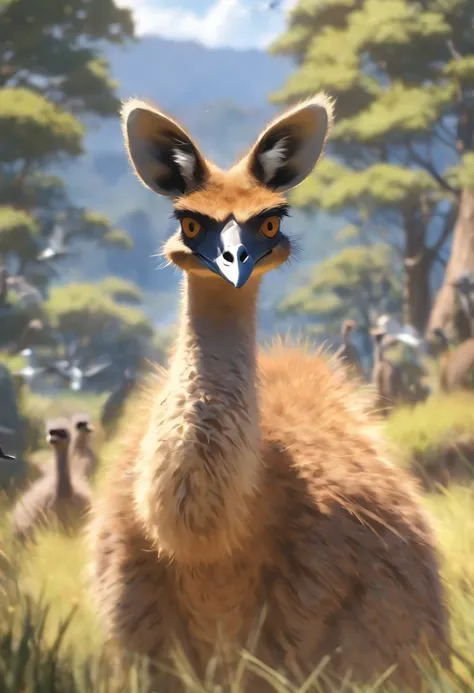 (((Animals))) best quality, very high resolution, 4K detailed CG, master piece,Kangaroo,Emus,Birds, Mountains, Forest,aesthetics, ((Kangaroo,Emus,Birds)), Beautiful image, centered on the screen