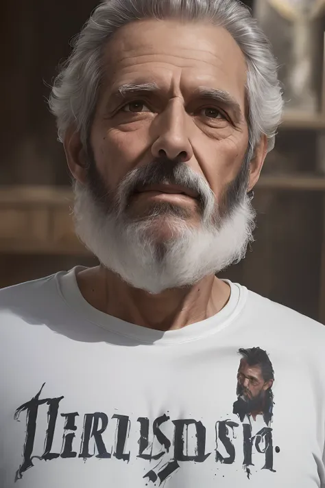 (A 62-year-old man, delgado y barbudo, con camisa blanca y jeans), la remera dice dur,(oil on canvas,realista,high resolusion),(Detailed facial features,scruffy beard),(bright illumination,foco nítido),(religioso , iglesia),(vivid colors)