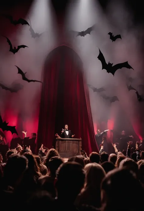 cantor em performance em um grande show musical, Everyone in the audience is a vampire and is very happy, Its night and theres bats flying through the sky