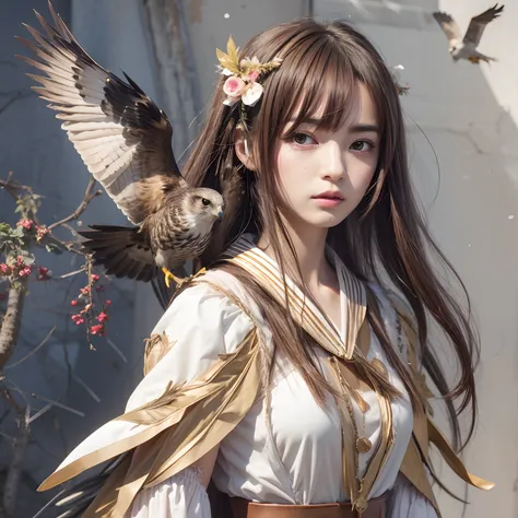 anime girl long brow hair with long white dress, a hawk flying on her shoulder