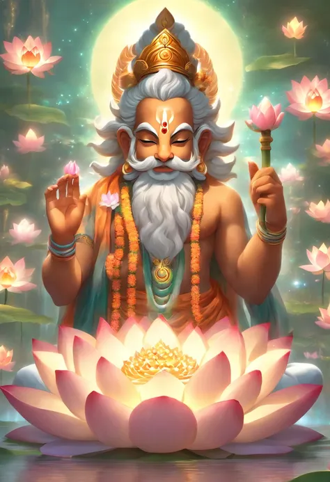 (((Hindu God))) best quality, ultra-high resolution, 4K detailed CG, masterpiece, Brahma, old man, old man, Indian, white beard, Hindu mythology, sitting on lotus flower, ((sitting on flower lotus) ) Hindu, aesthetic, beautiful, screen-centered image