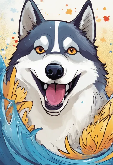 A fusion of husky dog and penguin with husky head and penguin body, ears of husky, legs and arms of penguin, tail of penguin, yeallow legs, happy face