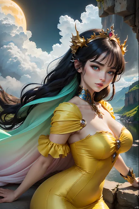 ((best quality)), ((masterpiece)), (detailed), dragon emperatriz, realistic eyes, black hair, yellow green eyes, big breasts,big butt, sexy body, godess face, beautiful face,  korean setin red yellow dress, evil landscape, ethereal beauty, (fantasy illustr...