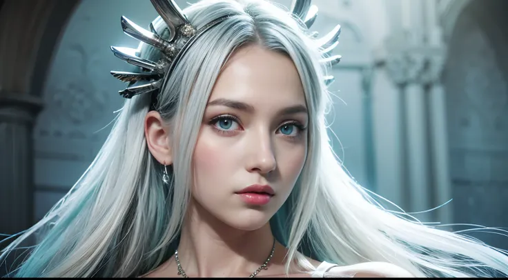 ((silver hair)), ((white hair)), long hair, ((aqua-colored eyes)), ((blue eyes)), wedding dress, buxom, white skin, late teens, half body portrait, beauty, 1, slender, extremely beautiful face, exquisite face, seductive look