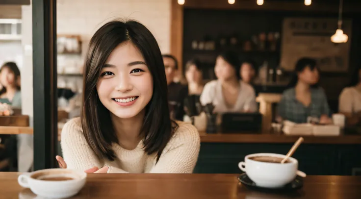 Asian woman looking at camera in coffee shop and smiling　Photorealsitic, A smile, beautiful a girl, cute little, length hair, depth of fields, hight resolution, ultra-detailliert, detaile, extremely detailed eye and face, Sharp pupils, Realistic pupils, fo...