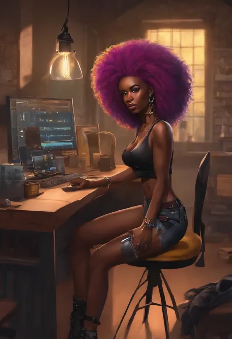 The most beautiful and saggy tits sexy punk rock girl, black Afro, rainbow hair, yellow eyes, dark skin, Artwork perfect, high quality, High resolution, black bra and black shorts, breasts spilling out, sitting down, at desk, working on computer with bluep...