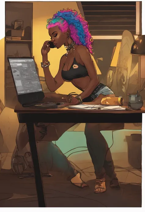 The most beautiful and saggy tits sexy punk rock girl, black Afro, rainbow hair, yellow eyes, dark skin, Artwork perfect, high quality, High resolution, black bra and black shorts, breasts spilling out, sitting down, at desk, working on computer with bluep...