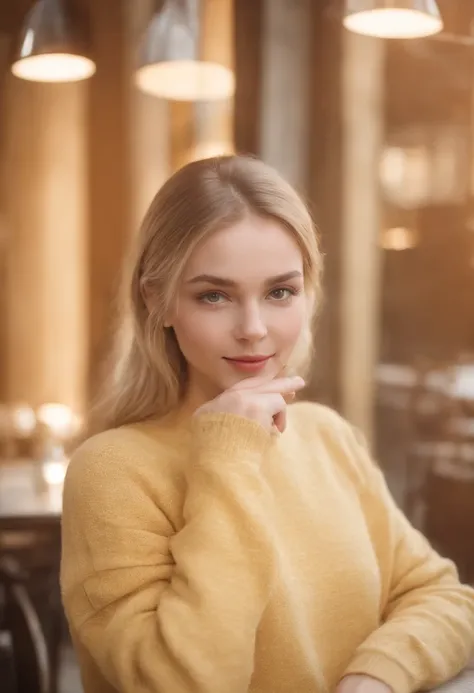 Cute beautiful blonde with yellow sweater,Vlada Roslyakova ,Russian Fashion Model, (Drinking coffee in a modern café at sunset), sehr detailliert, 14 Jahre alt, unschuldiges Gesicht, naturally wavy hair, blaue Augen, high-res, Meisterwerk, best qulaity, ko...