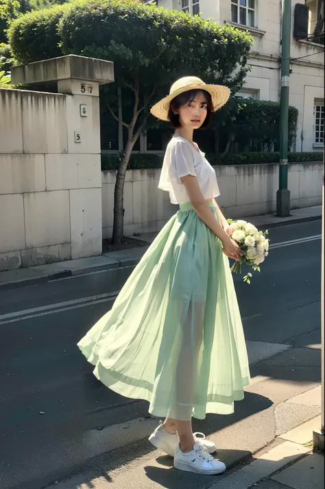 Green long skirt、Short-cut hair、Beautuful Women、White shirt、Green long skirt、a straw fedora hat、Photograph the whole body、Feeling like youre meeting someone、Take your eyes off、Capture to your feet、White sneakers、Bouquet in one hand、