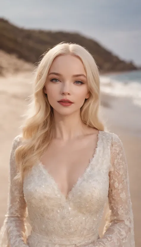 Dove Cameron, long flowing loose blonde hair, shes on the beach, Its night, The sky is full of stars, a lua brilha forte ao fundo, ela usa um vestido branco, Shes a vampire, suas presas aparecem quando ela sorri alegre, ela segura um cigarro