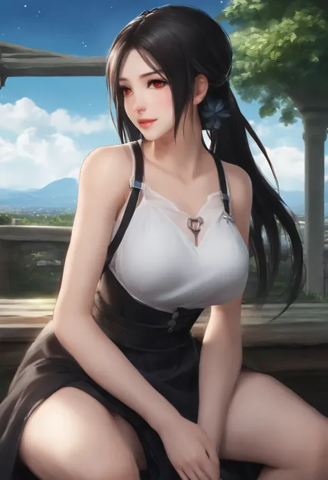 Tifa Lockhart, MKSKS style, (Very detailed background:1.0), (highly detailed back ground:1.0), Final Fantasy VII Remake, (Red eyes), 1girll, Bare shoulders, Aqua dress, Black hair, Green dress, Sleeveless dress , sun skirt, house, Long hair, Night, Night s...