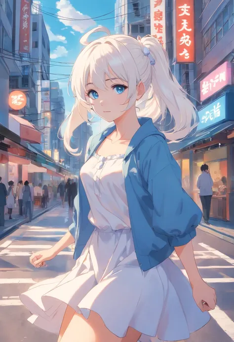 White color hair，Double ponytail curls，blue color eyes，White Lolita，Beth，A bustling city street