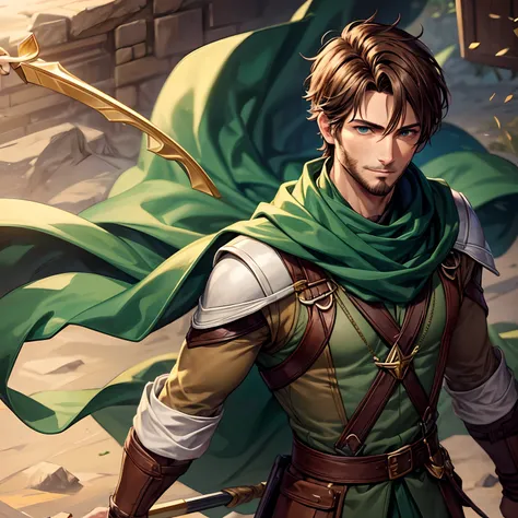 Male, man, in his 20s, brown hair, short hair, green eyes, wearing black and gold, wearing a scarf, handsome, using magic, archer, magical arrows, wind magic, wind flowing, kind, slight smile, trimmed beard, fantasy setting,