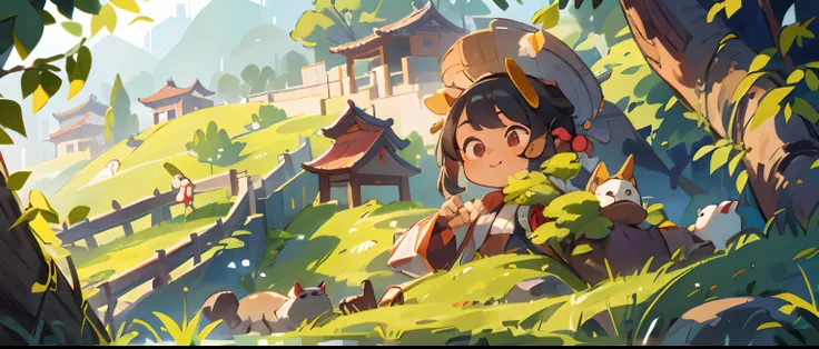 A girl with ancient Chinese style, Joyful, In the Chinese landscape by the river, standing in grassy field. Look up. There are willows on the head.The artwork is of the highest quality, Clear focus and sharp details. Its a masterpiece (1.2) This is very re...