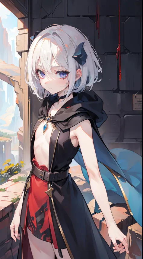 with short white hair，ssmile，Detailed, Shadower style, Masterpiece, Best quality, 1girll, Solo, Slim, school, indoor, , full bodyesbian, ((( A character in a post-apocalyptic world))), Personality engaged in housework, (((( Medium chest))), ((Beautiful sim...