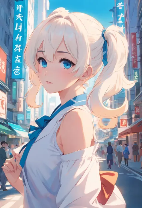 White color hair，Double ponytail curls，blue color eyes，White Lolita，Beth，A bustling city street