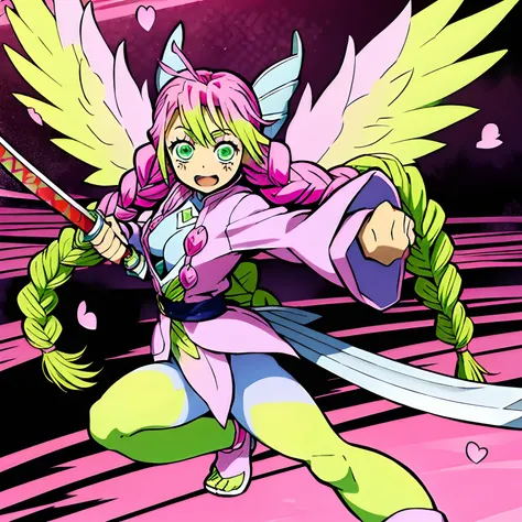 kanroji_mitsuri,digimon(creature),Fairy Wings,(( Fairy,)), ((Colored Skin)),((pink skin:1.4)) , ((Heart Motif)) , Sakura flowers, Mitsuri as  a Digimon, 1girl,masterpiece, multicolored hair, green eyes, long hair, Solo,pink hair green, Braids, Dynamic pose...