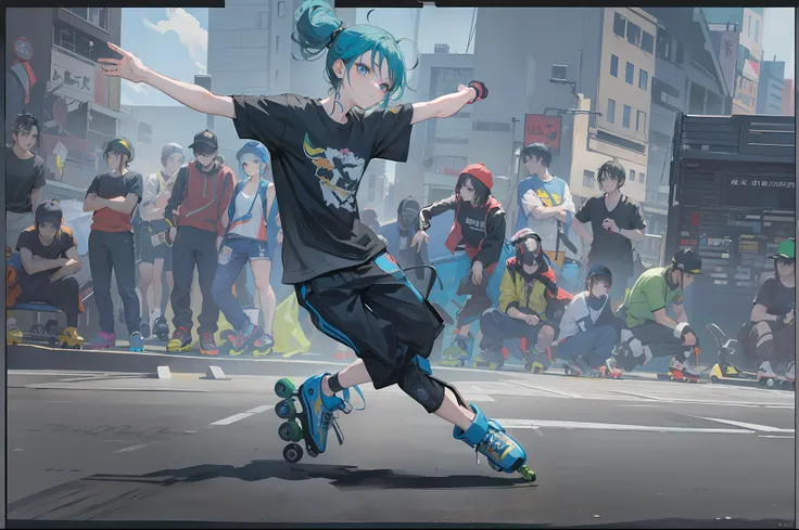 Extreme 4K image quality，(Extremely detailed and immersive masterpiece) - Punk Boy (Flowing hairstyle) Sprint with four-wheel inline skates (Peaceful sidewalks in the post-world: 1.1) and (Edge greening: 0.9).dynamic skating, roller skating, rollerblading,...