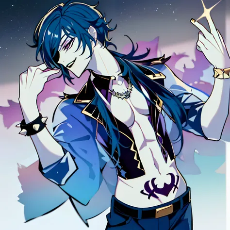 (RockOfSuccubus), (male:1.4),Midriff, belt, pants, (tattoo:1.1), pubic tattoo,makeup, (colored skin:1.3), (lips), (black lips:1.3),(lipstick), (pale skin:1.5),cross-laced clothes, (spiked bracelet), necklace, ((long blue Hair, ponytail)), Kaeya, grin, Eye...