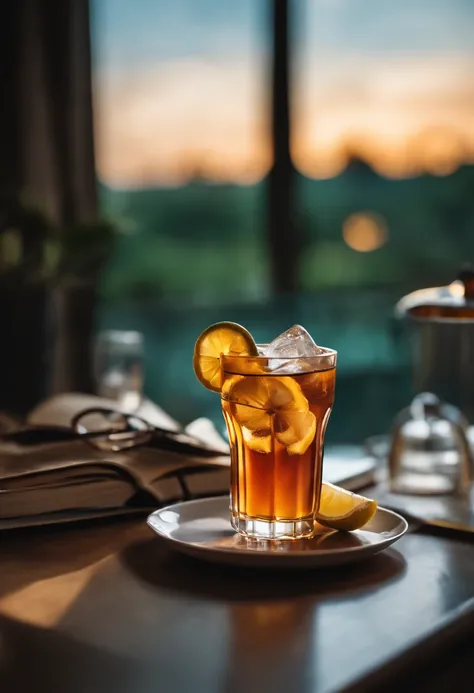 Describe an image of an iced tea cup on a table with a planner next to it, and a laptop.