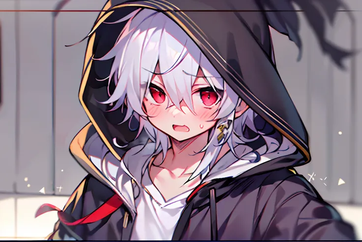 white backgrounid、One Boy、blushed face、Beautiful eyes、beautiful countenance、（embarrassed from）、（kawaii）、Anime boy with white hair and red eyes stares at camera、 slim、hair messy、Black hoodie