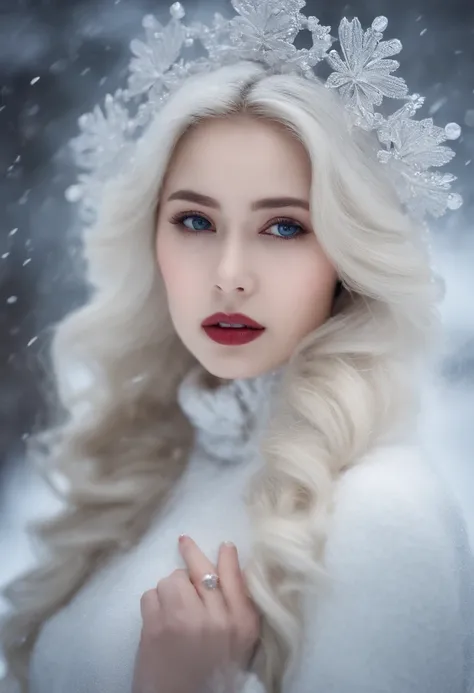 1girll,(Covered with snow,Ice), snowflower, In winter,In the snow，White hair, Shiny hair, Wavy hair, Transparent clothes, frilld, Lace, Wet clothes, Off_Shoulder, hair scrunchie,Masterpiece, Telephoto lens, absurderes, Exquisite facial features，filmposter，...