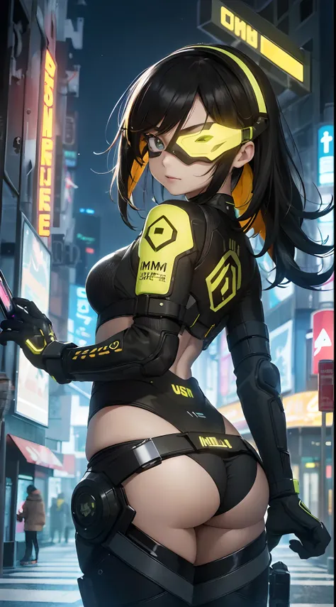 highest qualityr))、((obra maestra)、cyberpunked、large buttockss、arrodillarse、Electronic visor attached to the face of a 12-year-old girl with emphasis on the buttocks、Red latex body,Moda cyberpunk、Pose sexy、(Usar polainas amarillas en la parte inferior del ...