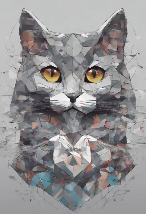 (Gray cat  ),(Best Pose),(best angle), (Better representation), Wonderland ,Multidimensional geometric wall portrait, Artistically, ,8K, Beautiful fece, colouring,