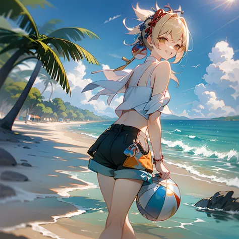 summer shorts and shorts，（holiday island，sandbeach，ocean water），sunlight random action，random expressions，ssmile，cheerfulness，su...