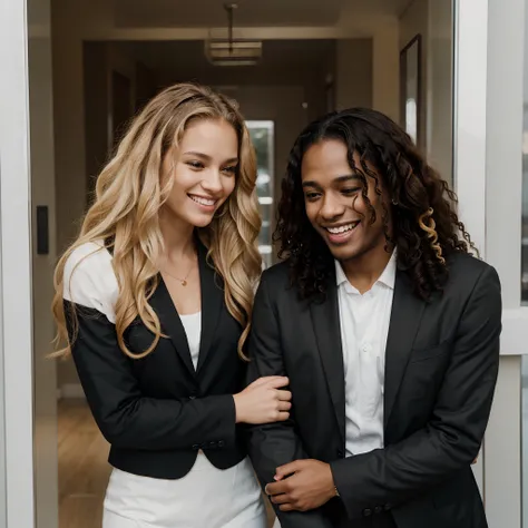 Black Man Wearing Suit Elegant Medium Curly Hair Laughing At Blonde White Girl As A Form Of Oppression And Reverse Racism