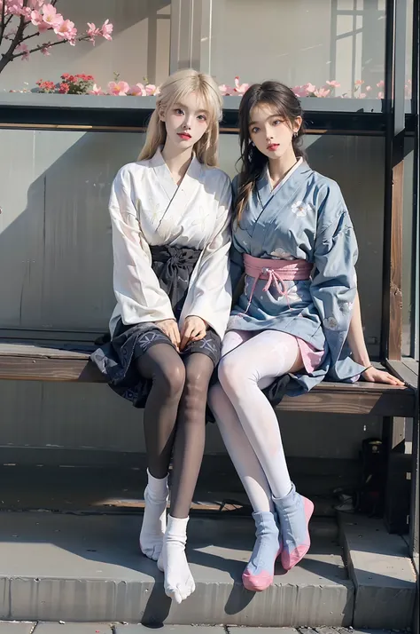 (Full body:1.5)，(((1girl in)):1.3),(view the viewer:1.4)，((anatomy correct):1.45),((Sitting on the porch):1.2),(Left foot wearing white tabi socks、Right foot wears black boots:1.15),(Shy:1.15)，(Pink hakama with floral pattern:1.2),((((((Patterned))))) ,(pa...