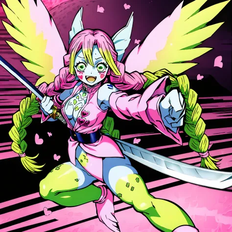 kanroji_mitsuri,digimon(creature),Fairy Wings,(( Fairy,)), ((Colored Skin)),((pink skin:1.4)) , ((Heart Motif)) , Sakura flowers, Mitsuri as  a Digimon, 1girl,masterpiece, high quality,hi GV aesthetic, multicolored hair, green eyes, long hair, Solo,pink ha...