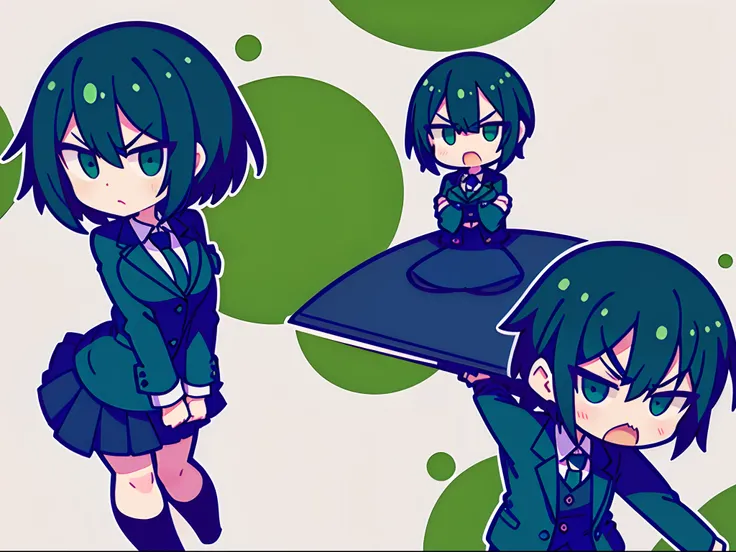 Short green and black haired girl in angry suit