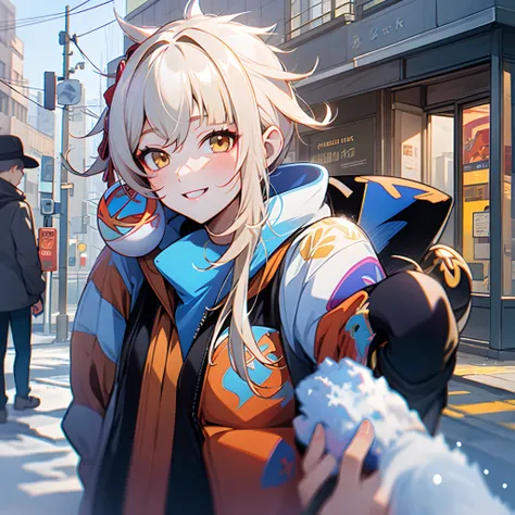 Down jacket of random color，On the streets where it snows in winter，Random actions，Random expressions，ssmile，cheerfulness，Sunny and cheerful，the original god，（Super refined model:1.1）