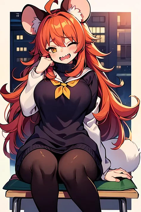 1mouse girl, long fluffy red hair, sharp teeth, shy, blushing, hair covers eyes , yellow turtleneck sweater, black tights, yellow eyes, school, student